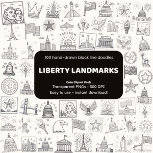 Puede incluir: Una colección de 100 garabatos de línea negra dibujados a mano con monumentos y símbolos estadounidenses. La imagen incluye ilustraciones de la Estatua de la Libertad, la Torre Eiffel, banderas, estrellas y otros elementos patrióticos. El texto de la imagen dice "LIBERTY LANDMARKS".
