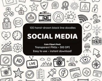 Social Media Doodle Clipart | 100 Black Line PNG Icons | Icons for Crafters