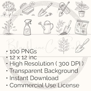 May include: Black and white line art illustrations of gardening tools and plants, including shovels, watering cans, and a spray bottle. The image also includes text that says "100 PNGs" and "12 x 12 inc".