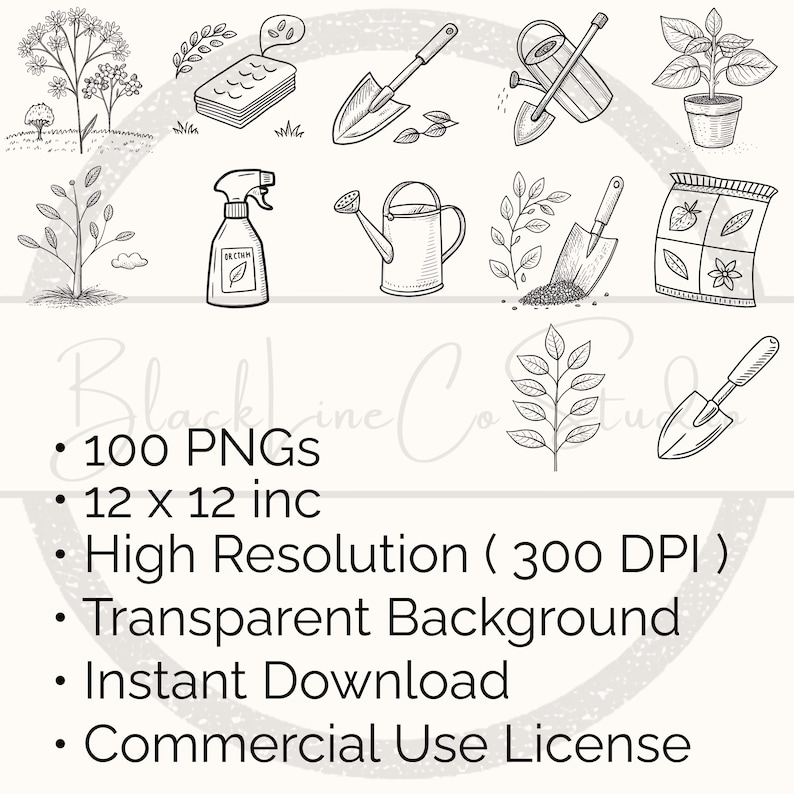 May include: Black and white line art illustrations of gardening tools and plants, including shovels, watering cans, and a spray bottle. The image also includes text that says "100 PNGs" and "12 x 12 inc".