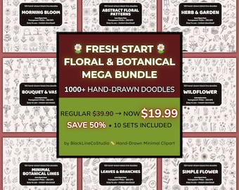 FRESH START Floral & Botanical Clipart Mega Bundle | 1000+ Hand-Drawn Doodle Icons PNG for Crafters