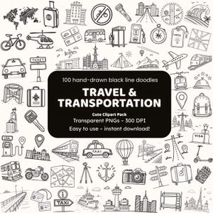 Puede incluir: Una colección de 100 garabatos de línea negra dibujados a mano relacionados con viajes y transporte. Las ilustraciones incluyen una maleta, un avión, un tren, un taxi, un mapa, una cámara y otros iconos relacionados con los viajes. El texto de la imagen dice "TRAVEL & TRANSPORTATION".