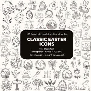 Klassisk påskdoodle-clipart | 100 handritade svarta linjer i PNG-format | Ikoner för lärare och hantverkare