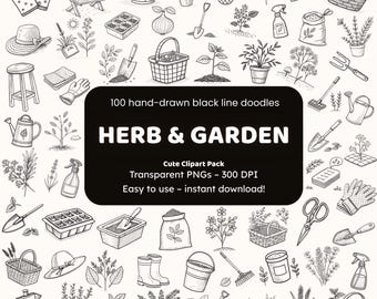 Herb & Garden Clipart | 100 Hand-Drawn Black Line Doodles PNG | Botanical Icons for Crafters