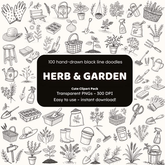 Herb & Garden Clipart | 100 Hand-Drawn Black Line Doodles PNG | Botanical Icons for Crafters