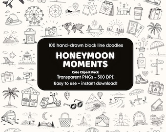 Honeymoon Moments Doodle Clipart | 100 Hand-Drawn Black Line PNGs | Travel Love Icons for Crafters