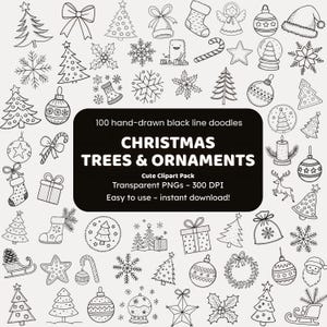Christmas Trees & Ornaments Doodle Clipart | 100 Hand-Drawn PNG Icons | Black Line Art for Crafters