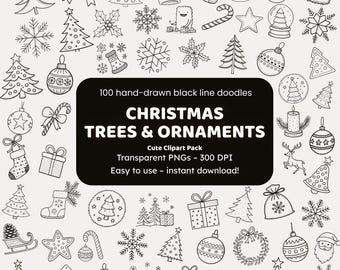 Kerstbomen en ornamenten doodle clipart | 100 handgetekende png-pictogrammen | Zwarte lijntekeningen voor knutselaars