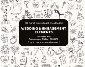 Wedding & Engagement Elements Doodle Clipart | 100 Hand-Drawn PNG Icons | Black Line Art for Crafters