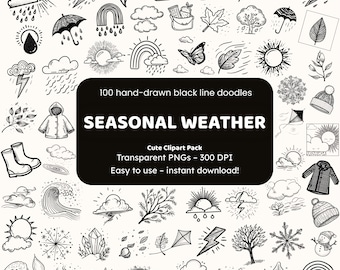 Seasonal Weather Doodle Clipart | 100 Hand-Drawn PNG Icons | Black Line Art Stickers for Crafters