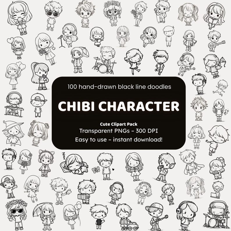 Chibi Character Doodle Clipart | 100 Hand-drawn PNG Icons | Black Line ...