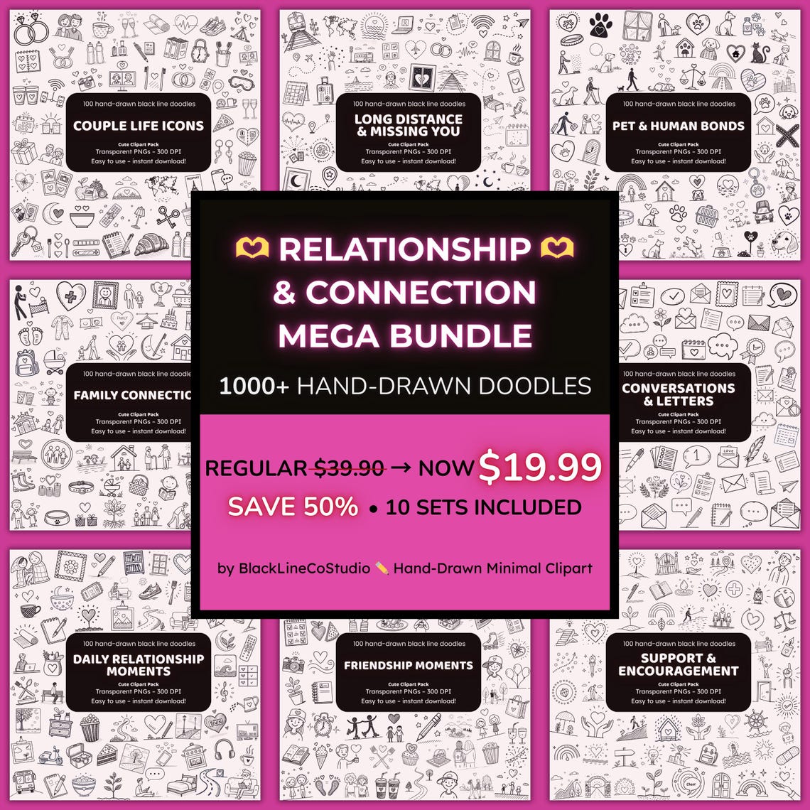 Relationship & Connection Doodle Clipart Mega Bundle | 1000+ Hand-drawn ...