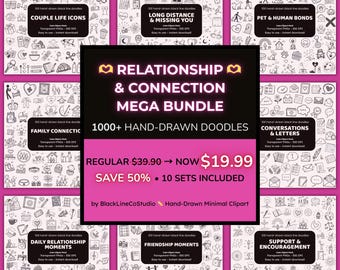 Relationship & Connection Doodle Clipart Mega Bundle | 1000+ Hand-Drawn Icons PNG | Love Family Friendship Clipart