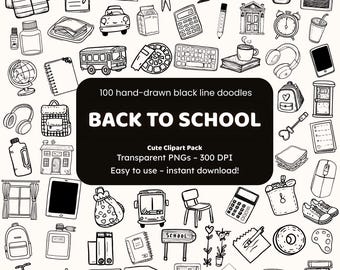 May include: A collection of 100 hand-drawn black line doodles featuring school-themed icons like buses, backpacks, globes, and stationery. The central black rectangular label displays the text: 100 hand-drawn black line doodles BACK TO SCHOOL.