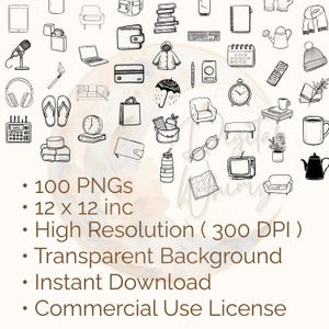Everyday Object Clipart: 100 Hand-drawn Black Line Doodles (PNG Digital ...