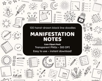 Manifestatie notities doodle clipart | 100 handgetekende png-pictogrammen | Black Line Art-stickers voor knutselaars