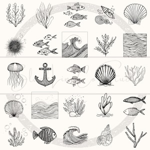 Puede incluir: Una colecci&oacute;n de ilustraciones en blanco y negro con diversos elementos de vida marina y tem&aacute;tica oce&aacute;nica. Los dise&ntilde;os incluyen peces, conchas, algas marinas, olas y un ancla, adecuados para proyectos n&aacute;uticos o costeros.