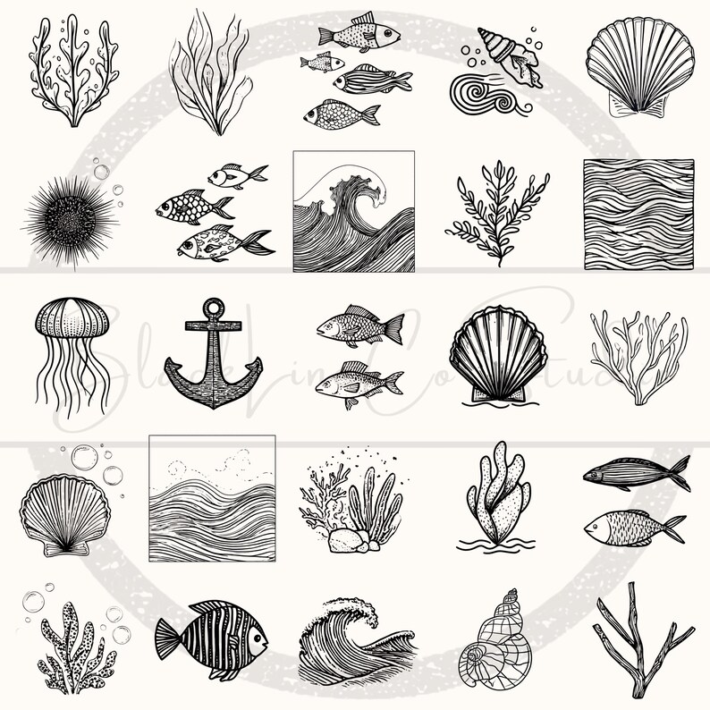 Puede incluir: Una colecci&oacute;n de ilustraciones en blanco y negro con diversos elementos de vida marina y tem&aacute;tica oce&aacute;nica. Los dise&ntilde;os incluyen peces, conchas, algas marinas, olas y un ancla, adecuados para proyectos n&aacute;uticos o costeros.