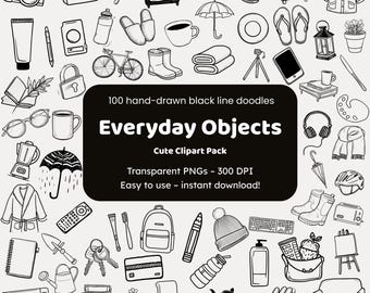 Puede incluir: Garabatos en blanco y negro dibujados a mano de objetos cotidianos, como una cámara, una taza de café, un paraguas, una bicicleta y botas. El texto dice "Everyday Objects" y "Cute Clipart Pack".