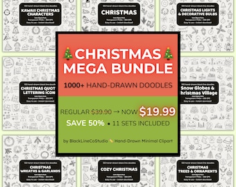 Christmas Doodle Clipart Mega Bundle | 1000+ Hand-Drawn PNGs | 11 Sets | Holiday Icons 300 DPI