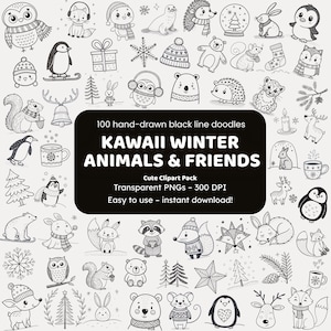 Kawaii Winter Animals & Friends Doodle Clipart | 100 Hand-Drawn PNG Icons | Black Line for Crafters