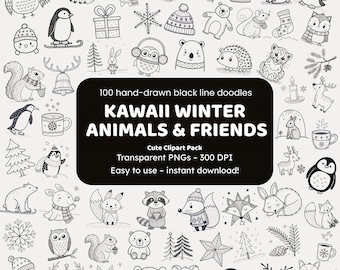 Kawaii winterdieren en vrienden doodle clipart | 100 handgetekende png-pictogrammen | Black Line voor hobbyisten