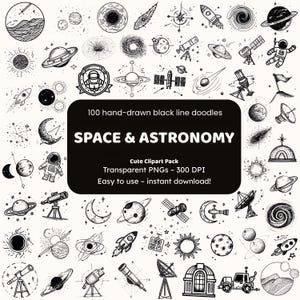 Space & Astronomy Doodle Clipart | 100 Hand-Drawn PNG Icons | Black Line Art Stickers for Crafters