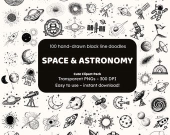 Space & Astronomy Doodle Clipart | 100 Hand-Drawn PNG Icons | Black Line Art Stickers for Crafters