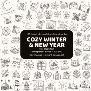 Cozy Winter & New Year Doodle Clipart | 100 Hand-Drawn PNG Icons | Black Line for Crafters