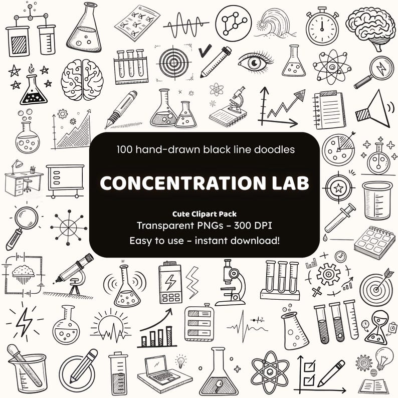 Concentration Lab Doodle Clipart | 100 Hand-drawn Black Line Pngs ...
