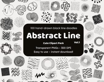 May include: A collection of 100 hand-drawn black line doodles in various shapes and patterns. The image includes swirls, zigzags, dots, and other abstract designs. Text on the image reads "Abstract Line" and "Cute Clipart Pack."