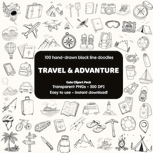 Travel & Adventure Doodle Clipart | 100 Hand-Drawn PNG Icons | Black Line Art Stickers for Crafters