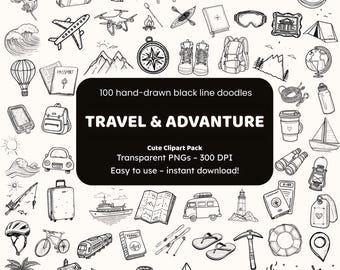 Clipart de viajes y aventuras / 100 íconos PNG dibujados a mano / Pegatinas de arte lineal negro para artesanos
