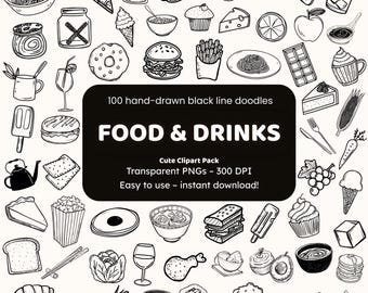 Food & Drink Doodle Clipart | 100 Hand-Drawn PNG Icons | Black Line Art Stickers for Crafters