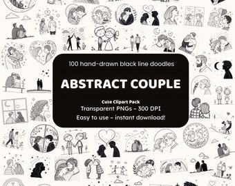Abstract Couple Doodle Clipart | 100 Hand-Drawn PNG Icons | Black Line Art Stickers for Crafters