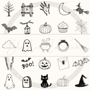 Halloween Black Line Clipart Bundle: Hand-drawn Doodles (PNG, 12x12in ...