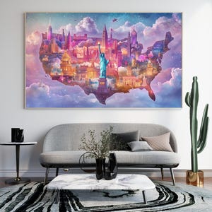 Terra dos Sonhos – Arte de Parede com Mapa dos EUA de Fantasia – Paisagem Urbana Imprimível em Tons Pastel para o 4 de Julho ou Decoração Mágica do Dia a Dia
