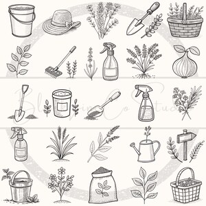 May include: Line art illustration of gardening tools and plants, including a bucket, sun hat, lavender, shovel, basket, rake, spray bottle, onion, and watering can. The image is in black and white.