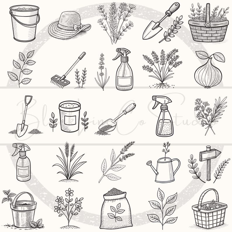 May include: Line art illustration of gardening tools and plants, including a bucket, sun hat, lavender, shovel, basket, rake, spray bottle, onion, and watering can. The image is in black and white.