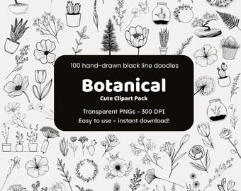 Puede incluir: Ilustración de 100 garabatos de línea negra dibujados a mano de elementos botánicos. La imagen presenta varias flores, plantas y árboles, como rosas, tulipanes y cactus. La palabra "Botanical" se muestra en el centro.