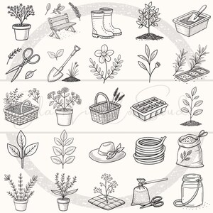 May include: A collection of hand-drawn gardening illustrations in black and white. The image includes a variety of gardening tools and plants, such as a shovel, watering can, potted plants, gardening gloves, and a wheelbarrow.