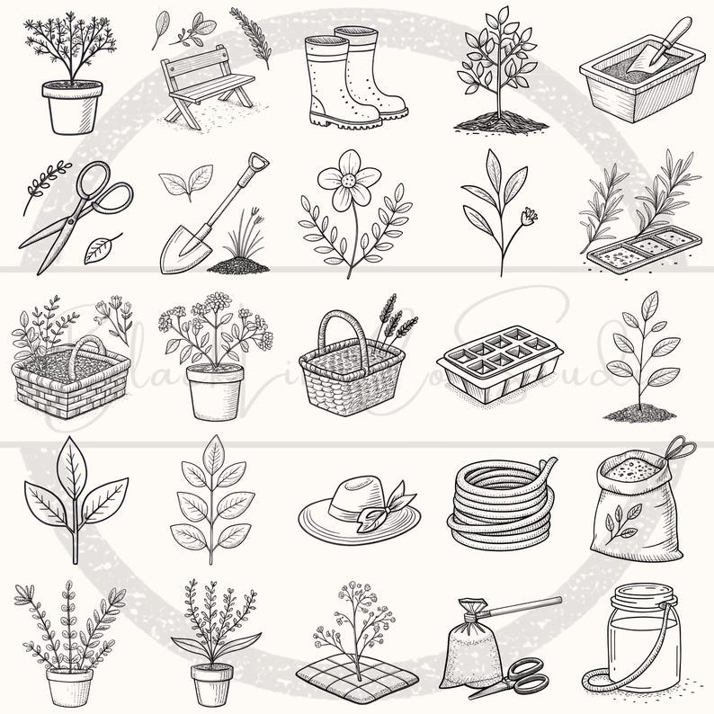 May include: A collection of hand-drawn gardening illustrations in black and white. The image includes a variety of gardening tools and plants, such as a shovel, watering can, potted plants, gardening gloves, and a wheelbarrow.