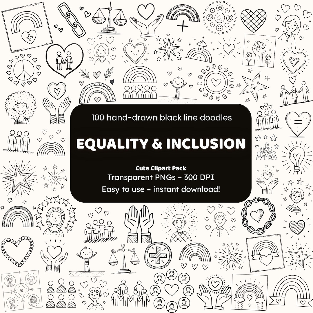 Equality & Inclusion Doodle Clipart | 100 Hand-drawn Black Line Pngs ...