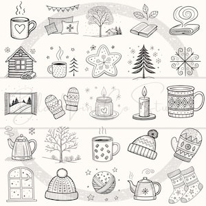 Op de afbeelding: Een verzameling handgetekende winterthema-illustraties in zwart en wit. De afbeeldingen omvatten een mok met een hart, een gezellige hut, wanten, een kaars, een theepot, een muts en sokken. Perfect voor seizoensgebonden knutselwerk.