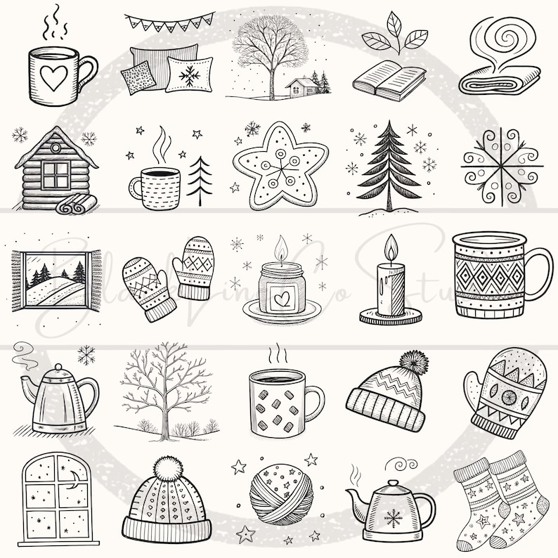 Op de afbeelding: Een verzameling handgetekende winterthema-illustraties in zwart en wit. De afbeeldingen omvatten een mok met een hart, een gezellige hut, wanten, een kaars, een theepot, een muts en sokken. Perfect voor seizoensgebonden knutselwerk.