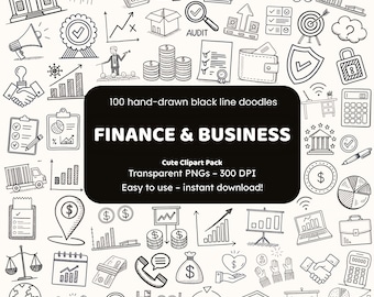 May include: A collection of 100 hand-drawn black line doodles related to finance and business. The image includes icons of money, charts, buildings, and other business-related symbols. The text "FINANCE & BUSINESS" is displayed prominently.