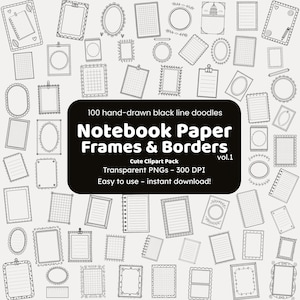 Puede incluir: Una ilustración con 100 garabatos de líneas negras dibujadas a mano de marcos y bordes de papel de cuaderno. La imagen muestra diversas formas y estilos, incluyendo marcos ovalados, rectangulares y circulares, con papel rayado y sin rayar. El texto en la imagen dice "Notebook Paper Frames & Borders."