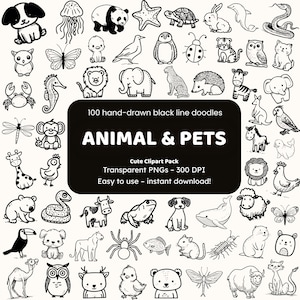 Clipart de animales y mascotas / 100 íconos PNG dibujados a mano / Pegatinas de arte lineal negro para artesanos