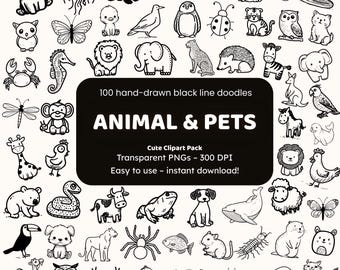 Animal & Pets Doodle Clipart | 100 Hand-Drawn PNG Icons | Black Line Art Stickers for Crafters