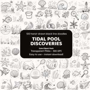 Op de afbeelding: Een verzameling van 100 handgetekende zwarte lijntekeningen met verschillende mariene en kustelementen. De afbeelding bevat zeesterren, vissen, schelpen, golven en de tekst "TIDAL POOL DISCOVERIES".